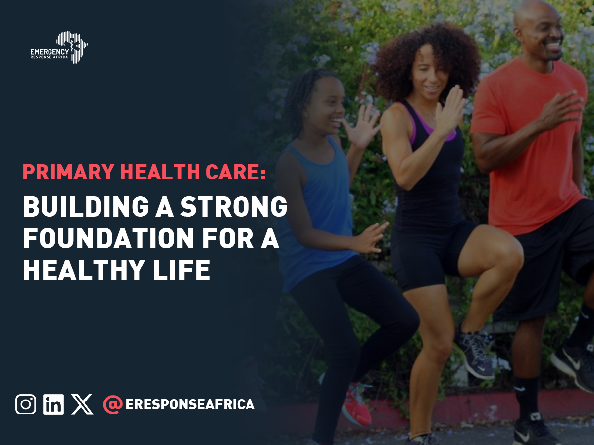 Family exercising in the background as they portrait one of the key primary health care